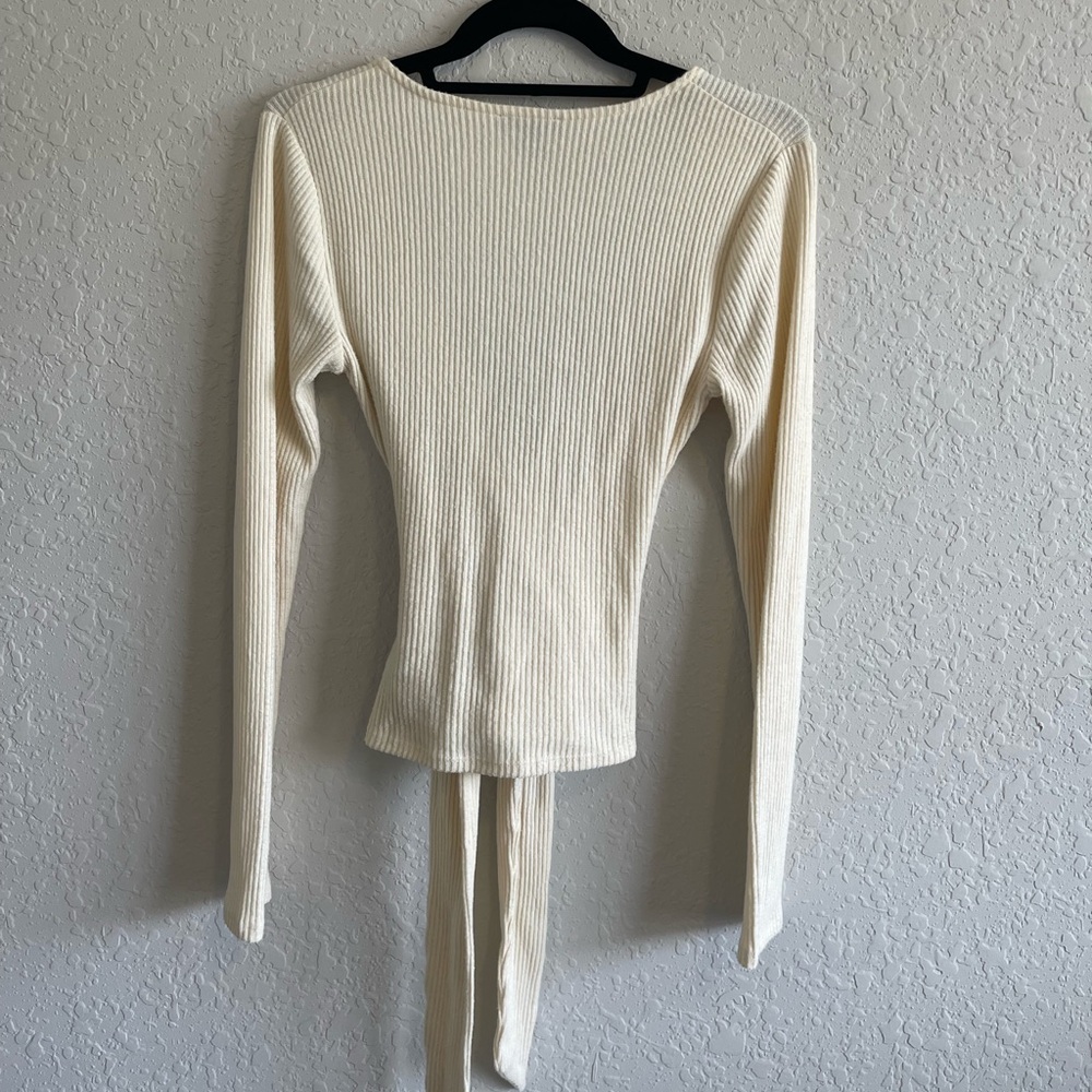 Express Cream Ribbed Wrap Top - Picture 6 of 9